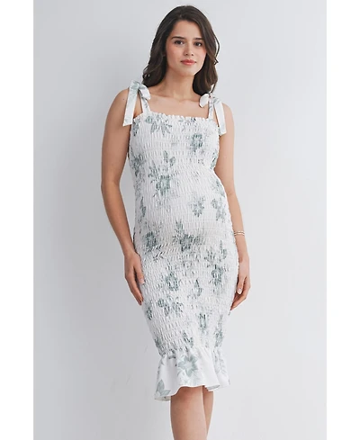 Hello Miz Maternity Bodycon Floral Smocked Midi Dress with Adjustable Tie Straps