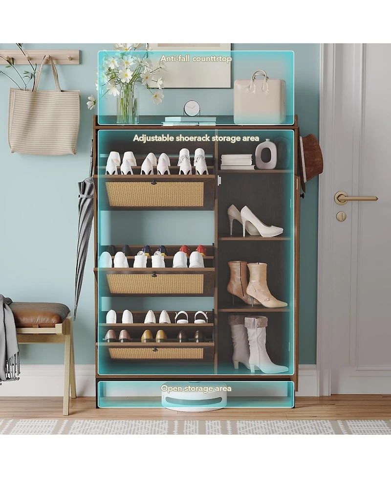 gaomon Shoe Cabinet with 3 Flip Drawers Rattan Freestanding Organizer with Adjustable Shelves Metal Knob Narrow Shoe Rack Cabinet Shoe Organizer