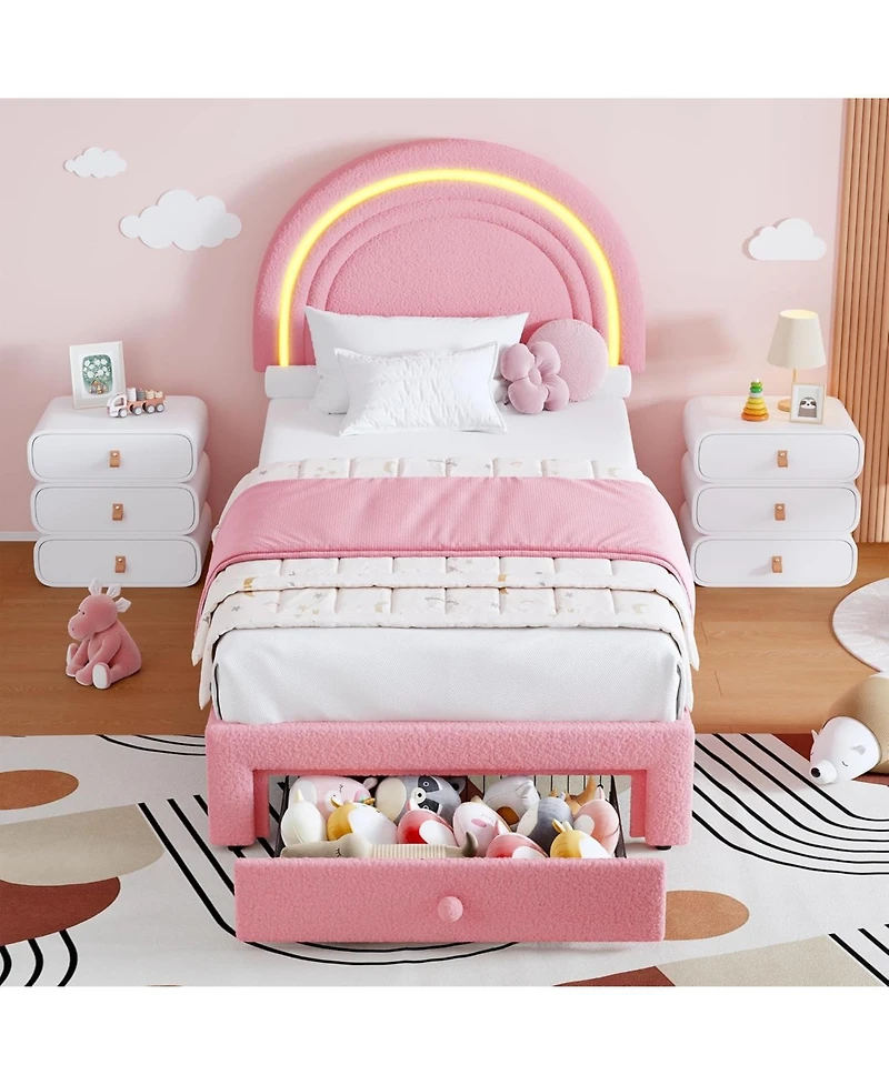 gaomon Twin Upholstered Led Bed Frame - with Storage Drawer and Rainbow Headboard, Berber Fleece Princess Platform for Kids