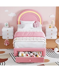 gaomon Twin Upholstered Led Bed Frame - with Storage Drawer and Rainbow Headboard, Berber Fleece Princess Platform for Kids