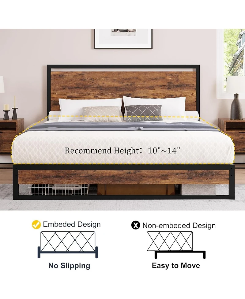 gaomon King Industrial Metal Bed Frame Headboard 12 Inch Under Bed Storage Platform Wood Slats No Box Spring Easy Assembly Noise-Free