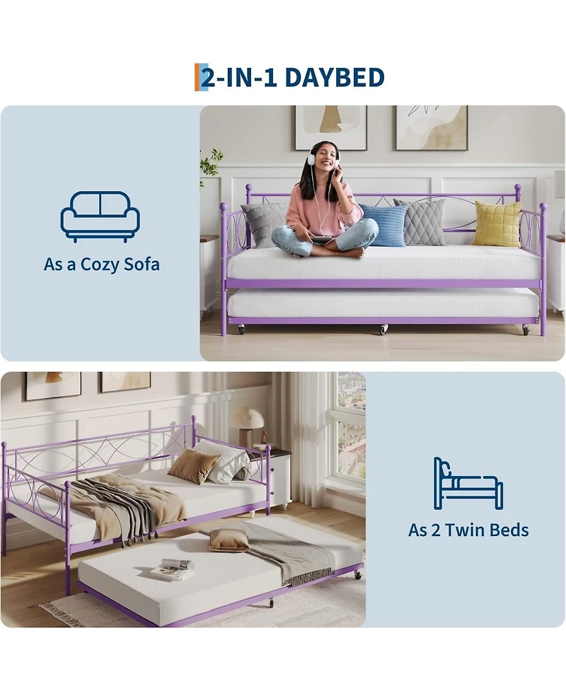 gaomon Twin Metal Daybed Frame with Trundle Heavy Duty Metal Slats Platform Sofa Bed Lockable Casters Bedroom Guest