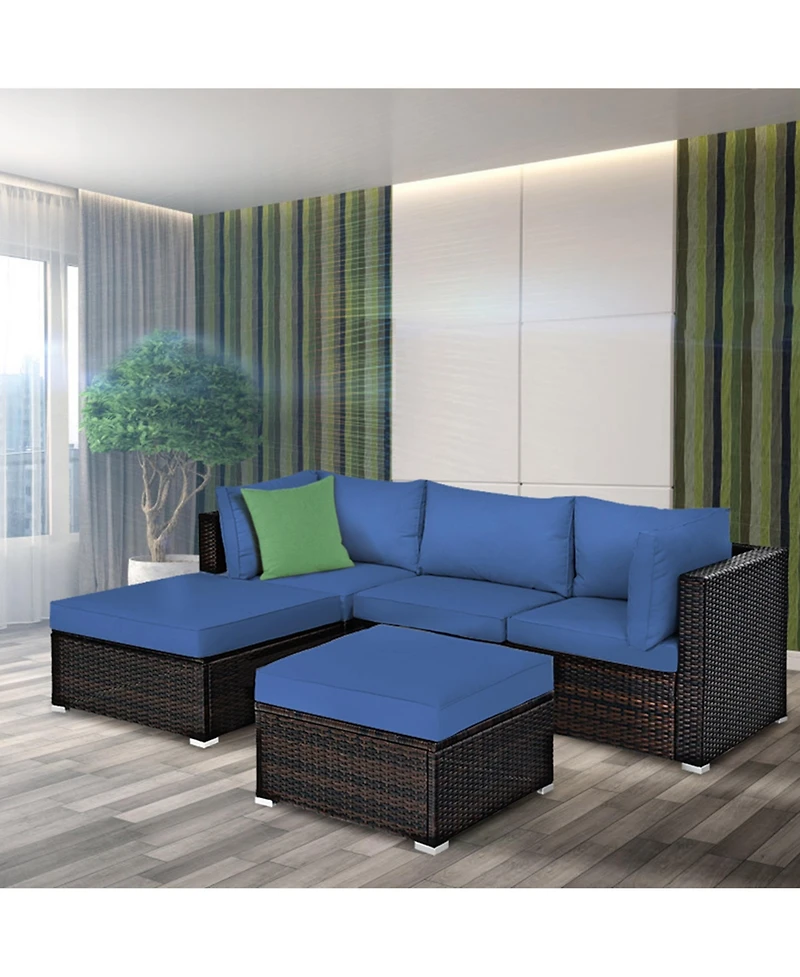Gymax 5PCS Rattan Patio Conversation Set Outdoor Furniture Set w/ Ottoman Navy Cushion