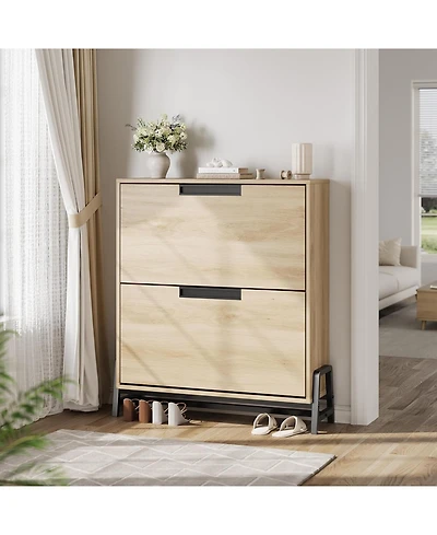 gaomon Narrow Hidden Shoe Storage Organizer with Top Decor Shelf Modern Shoe Cabinet with 2 Flip Drawers for Entryway and Hallway