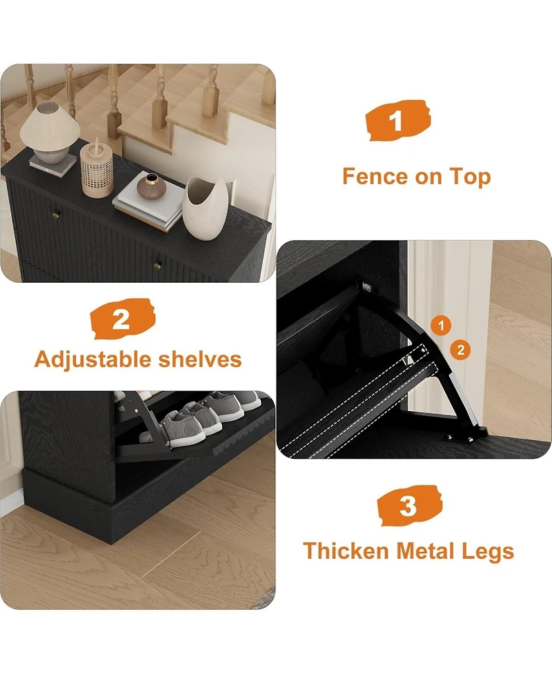 gaomon Fluted Shoe Cabinet with 2 Flip Drawers Narrow Cabinet with Adjustable Shelves