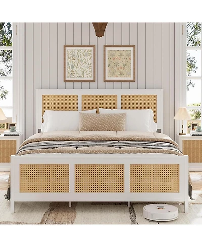 gaomon King Size Bed Frame with Headboard, Boho Rattan Bed Frame with Strong Metal Slat, Noise Free, No Box Spring Needed