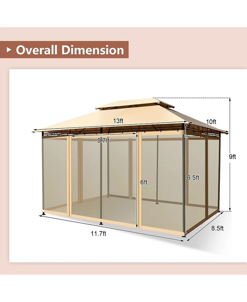 Gymax 2-Tier 10'x13' Steel Gazebo Canopy Tent Shelter Patio Garden Outdoor Netting