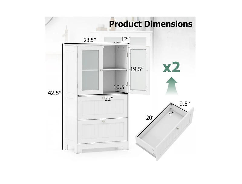 Slickblue Bathroom Floor Cabinet with Frosted Glass Doors and Drawers