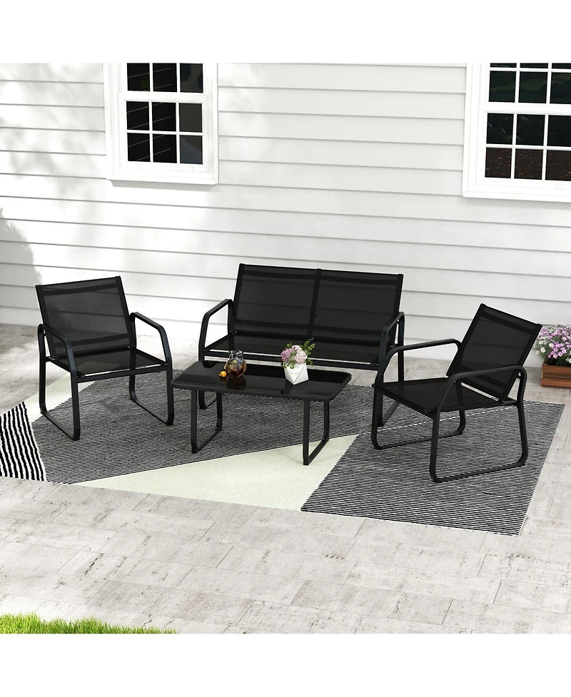 Gymax 4 Pcs Patio Conversation Set w/ Breathable Fabric Seat Tempered Glass Tabletop