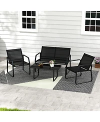 Gymax 4 Pcs Patio Conversation Set w/ Breathable Fabric Seat Tempered Glass Tabletop