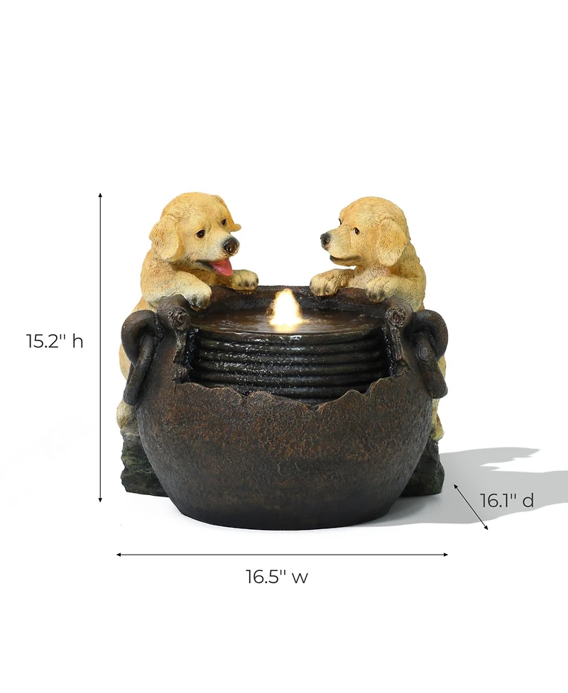 LuxenHome Puppy Love Farmhouse Resin Outdoor Fountain with Lights