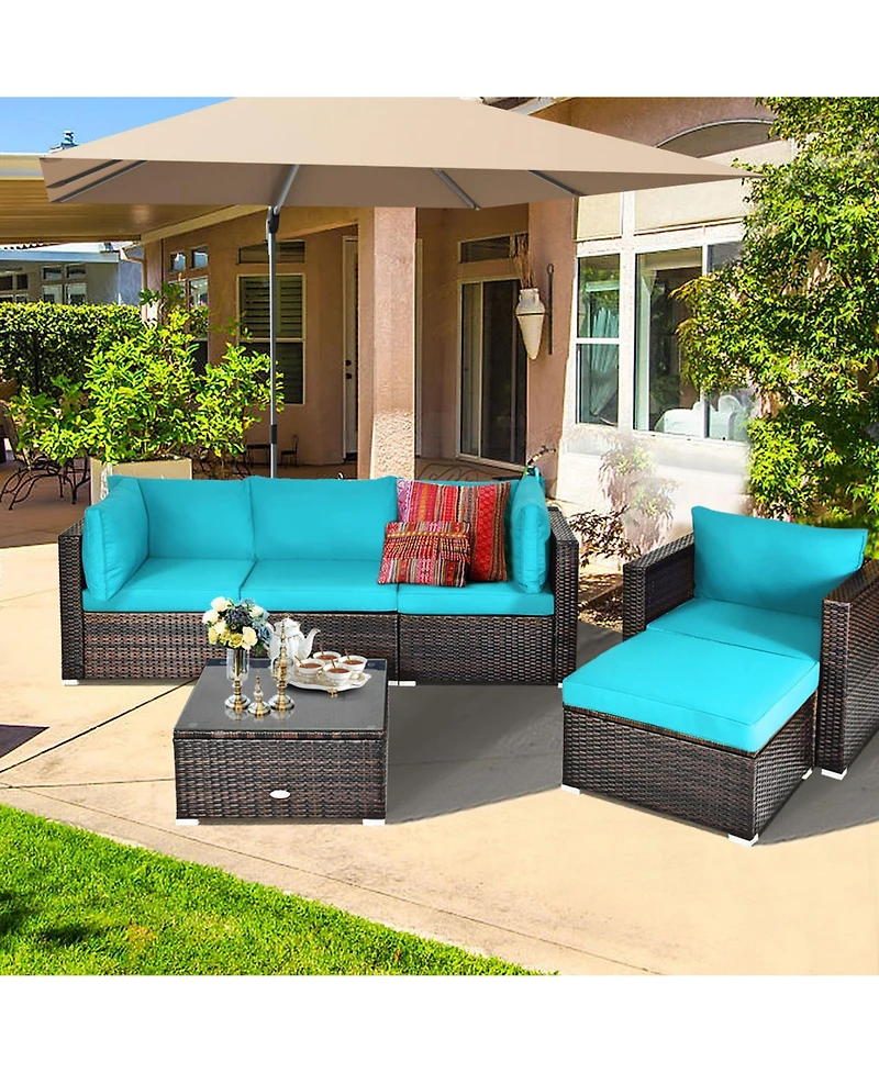 Gymax 6PCS Patio Conversation Set Rattan Sectional Furniture Set w/ Cushions