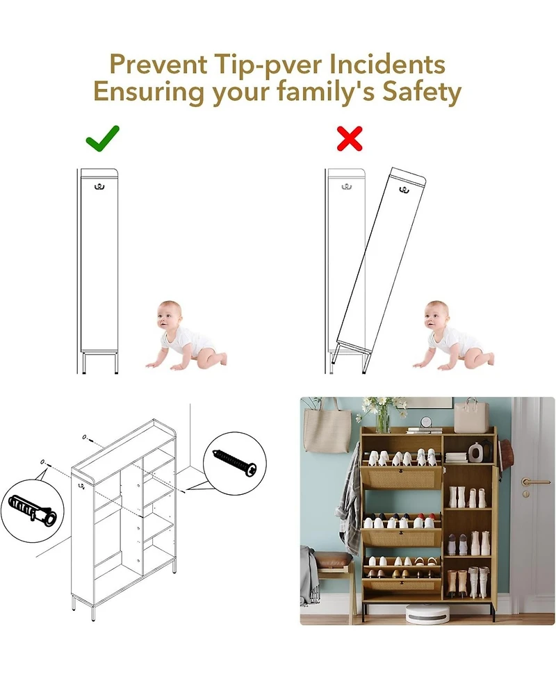 gaomon "Shoe cabinet with 3 flip drawers, rattan freestanding organizer with adjustable shelves and metal knob, narrow shoe rack for entryway.&#x