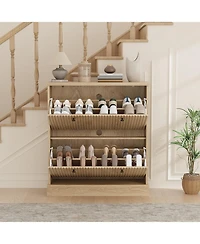 gaomon Fluted Shoe Cabinet with 2 Flip Drawers Narrow Cabinet with Adjustable Shelves and Elegant Handles Wooden Shoe Organizer
