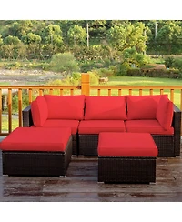 Gymax 5PCS Rattan Patio Conversation Set Outdoor Furniture Set w/ Ottoman Cushion
