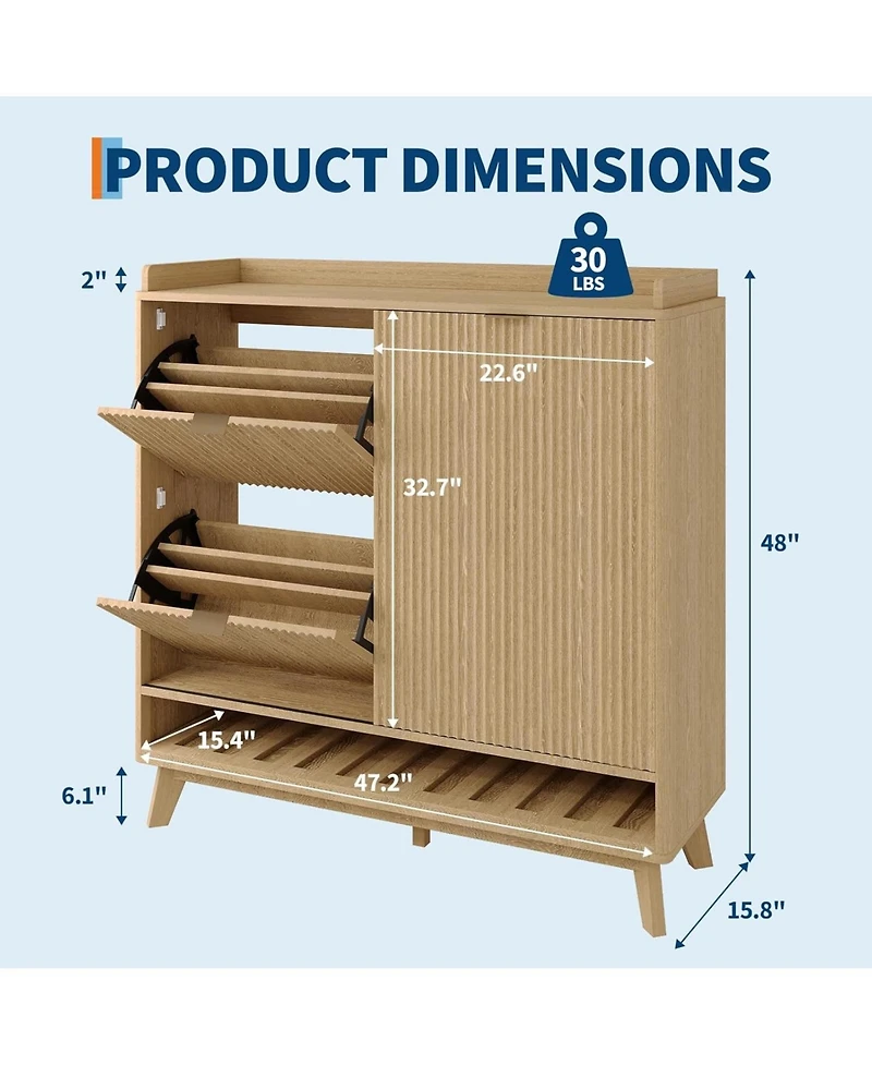 gaomon Fluted Shoe Cabinet Storage with 2 Flip Drawers and Sliding Door and Adjustable Shelf Rack Freestanding Wood Narrow Hidden Shoe Organizer