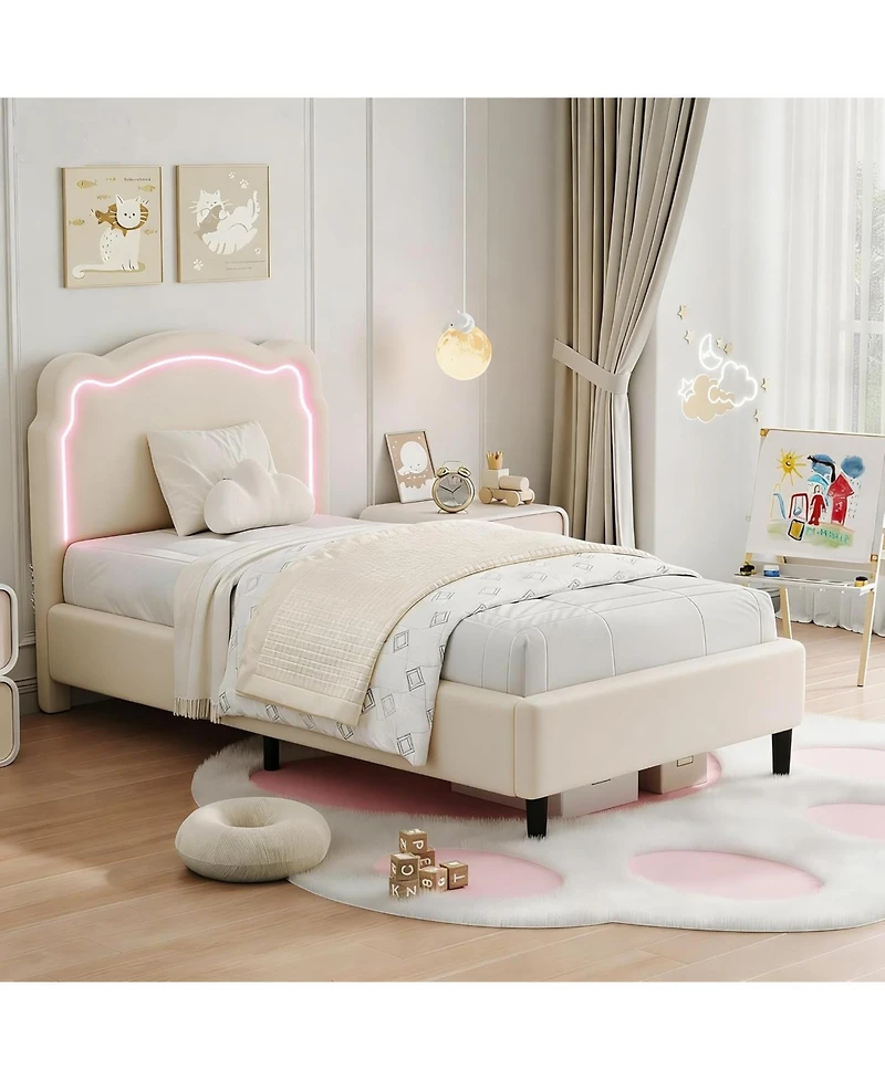 gaomon Twin Upholstered Bed Frame with Smart Led and Adjustable Bear Headboard, Velvet Princess Platform Bed, Wooden Slats Support Kids