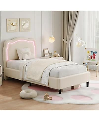 gaomon Twin Upholstered Bed Frame with Smart Led and Adjustable Bear Headboard, Velvet Princess Platform Bed, Wooden Slats Support Kids