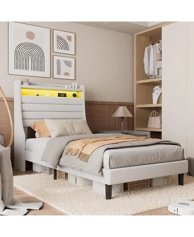 gaomon Bed Frame, Platform Bed with Upholstered Headboard and Led Lights, Modern Bed Frame with Under Bed Storage Space