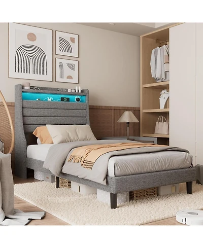 gaomon Bed Frame, Platform with Upholstered Headboard and Led Lights, Modern Frame Under Storage Space, Charging Station