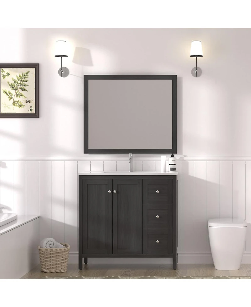 Sillysis 35.4" Munich Black Bathroom Vanity with Basin, Plywood Cabinet with Soft Closing Doors & 3 Drawers Storage for Small Bathrooms