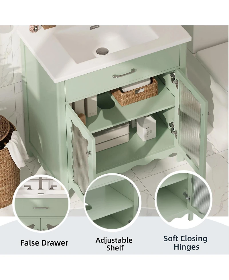 Sillysis 31"Bathroom Vanity with Sink, Tempered Glass Doors & Adjustable Storage for Small Bathrooms