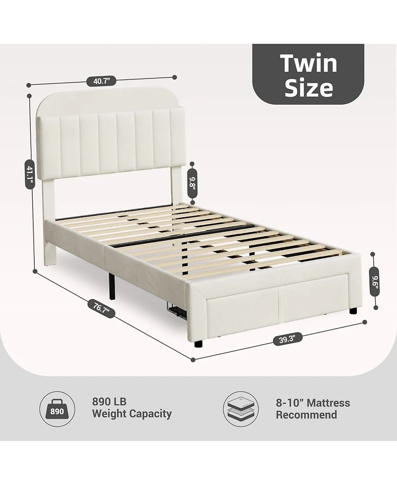 gaomon Twin Bed Frame for Kids, Upholstered Platform with Large Storage Drawer and Bookcase Headboard