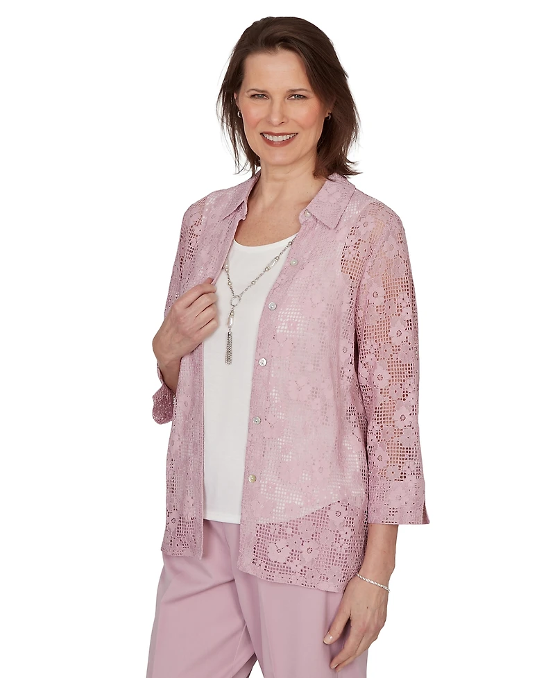 Alfred Dunner Petite Charm Floral Lace Two-In-One Collared Top with Necklace