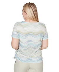Alfred Dunner Petite Wavy Biadere Side-Tie Crew Neck Ruched Top