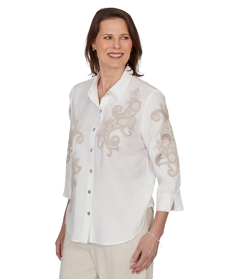 Alfred Dunner Petite Scroll Soutache Button-Front Collared Top