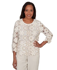 Alfred Dunner Petite Floral Crochet 3/4-Length-Sleeve Top