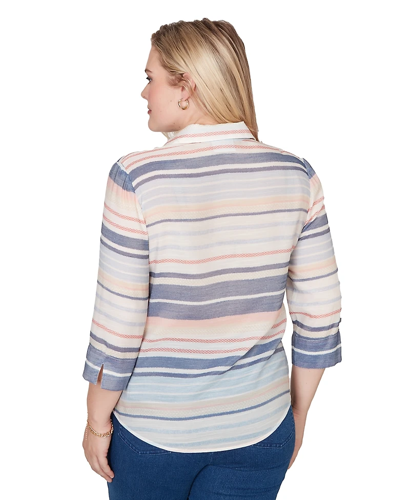 Alfred Dunner Petite Stripe Button-Front Collared Top