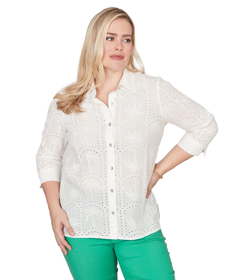 Alfred Dunner Petite Resort Living Eyelet Palm Tree Button-Front Collared Top