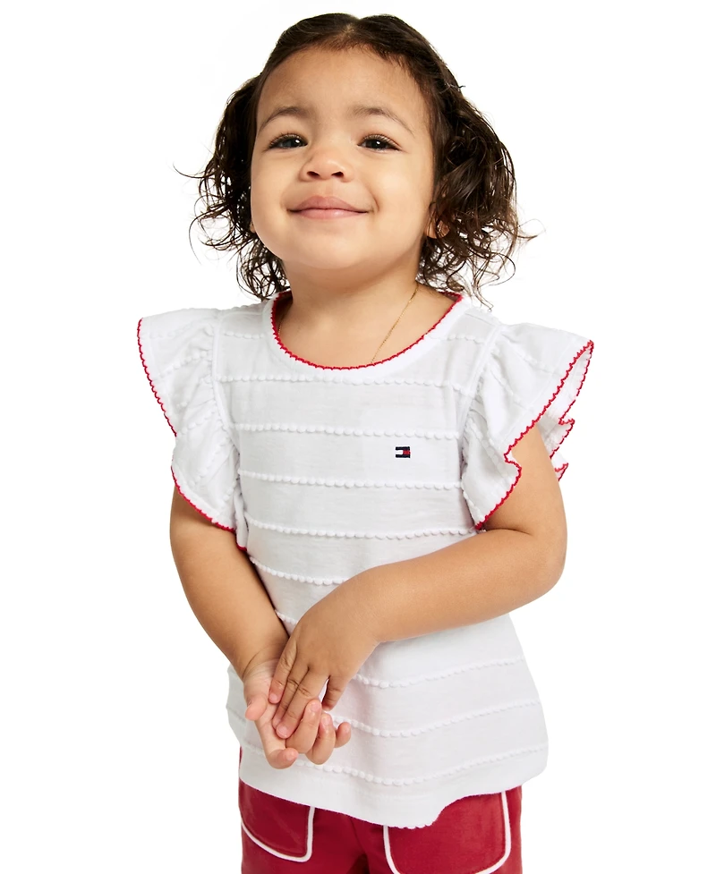 Tommy Hilfiger Baby Girls' Crochet Trim Striped Top and Patch Pocket Wide Leg Pants, 2-Piece Set