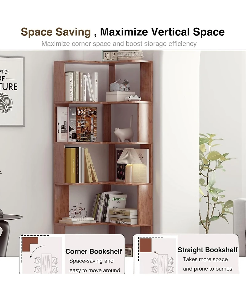 Rainsken 5 Tier L-Shaped Corner Bookshelf, Wooden Open Display Shelves and Storage Rack with Anti-Drop Panels for Living Room, Home Office