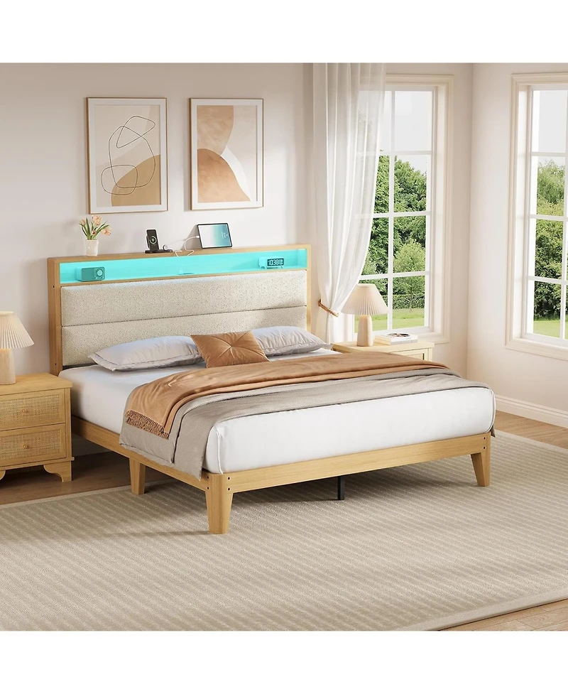 gaomon King Boucle Bed Frame, Frame with Rgb Led Light & Charging Station
