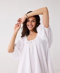 Reistor Women's Puff Sleeved Dress with Drawstring Neckline