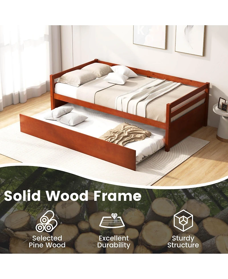 Costway Twin Size Trundle Daybed Wooden Slat Support Mattress Platform for Kids