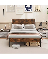 Full Size Bed Frame with Wooden Headboard Under-Bed Storage No Box Spring Needed