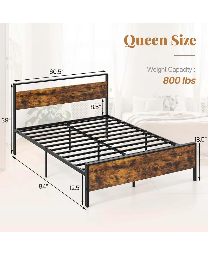 Queen Size Bed Frame with Wooden Headboard and Footboard Under-Bed Storage