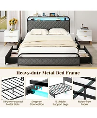 Queen Size Bed Frame with Led Lights & Charging Station Storage Headboard & Drawers
