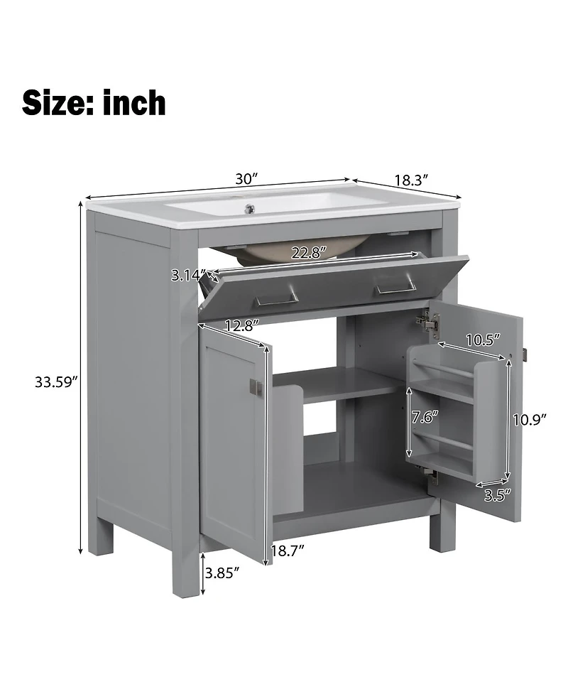 Sillysis 30" Bathroom Vanity with Ceramic Sink, Soft Close Doors & Adjustable Shelf, Modern Storage Cabinet for Small Spaces