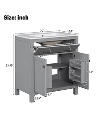Sillysis 30" Bathroom Vanity with Ceramic Sink, Soft Close Doors & Adjustable Shelf, Modern Storage Cabinet for Small Spaces