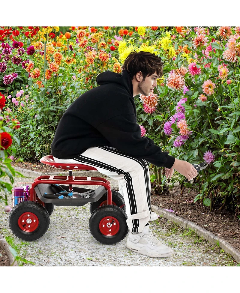 Garden Cart Rolling Work Seat w/ Tool Tray Basket