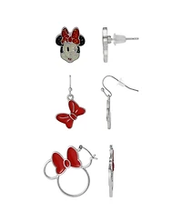 Disney Minnie Mouse Bow Earring Set, 3 Pairs (Hoops, Drops & Studs), Silver Tone