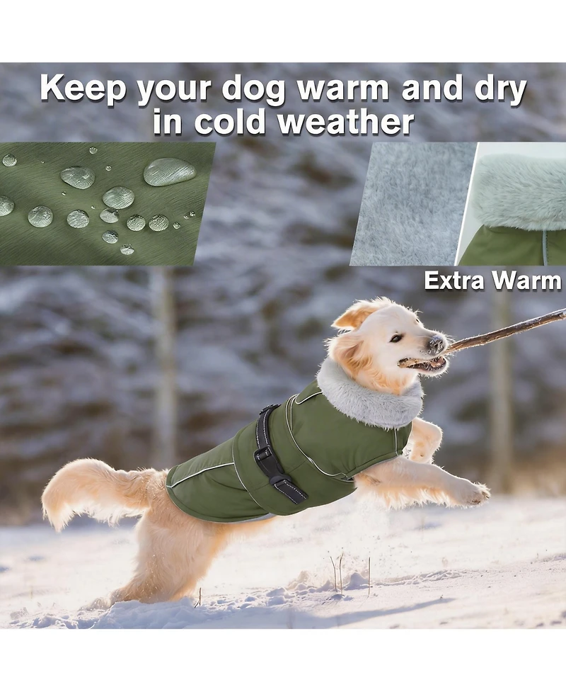 Aronkl Reflective Waterproof Dog Jacket with Fur Collar & Adjustable Buckle for Cold Weather