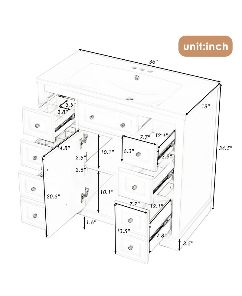 Sillysis 36" Bathroom Vanity with Ceramic Sink, Solid Wood Mdf Cabinet with 6 Drawers, Adjustable Shelf for Storage