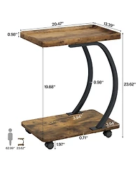 Tribesigns C-Shaped End Table, Industrial 2-Tier Small Side Table with Wheels, Wood Bedside Snack Couch Table with Metal Frame.