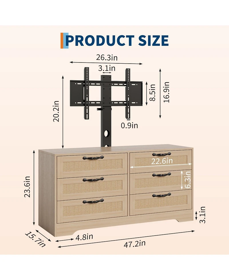 gaomon Tv Stand with Mount, 47.2" Modern Entertainment Center 6-Drawer Rattan Dresser