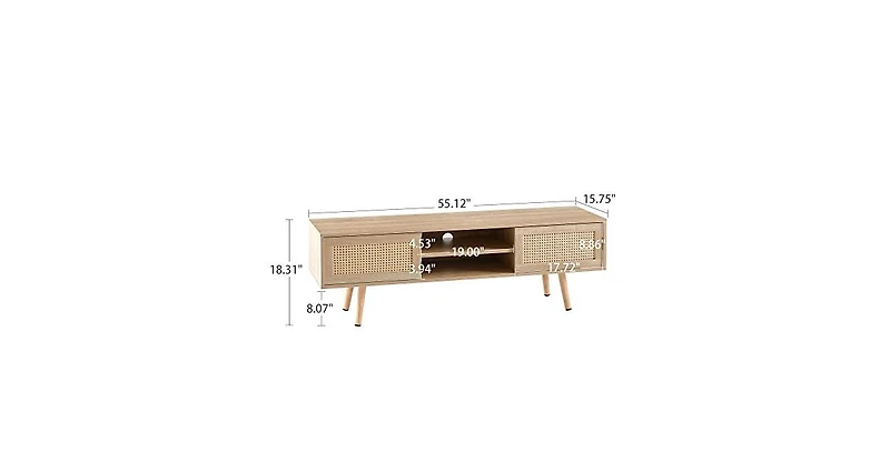 gaomon 55.12" Rattan Tv Cabinet, Double Sliding Doors for Storage, Adjustable Shelf, Solid Wood Legs,Tv Console for Living Room